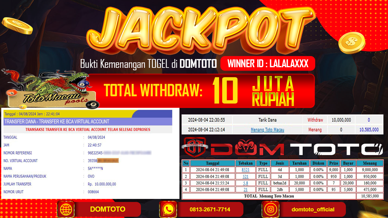 JACKPOT TOGEL TOTO MACAU 04 AGUSTUS 2024